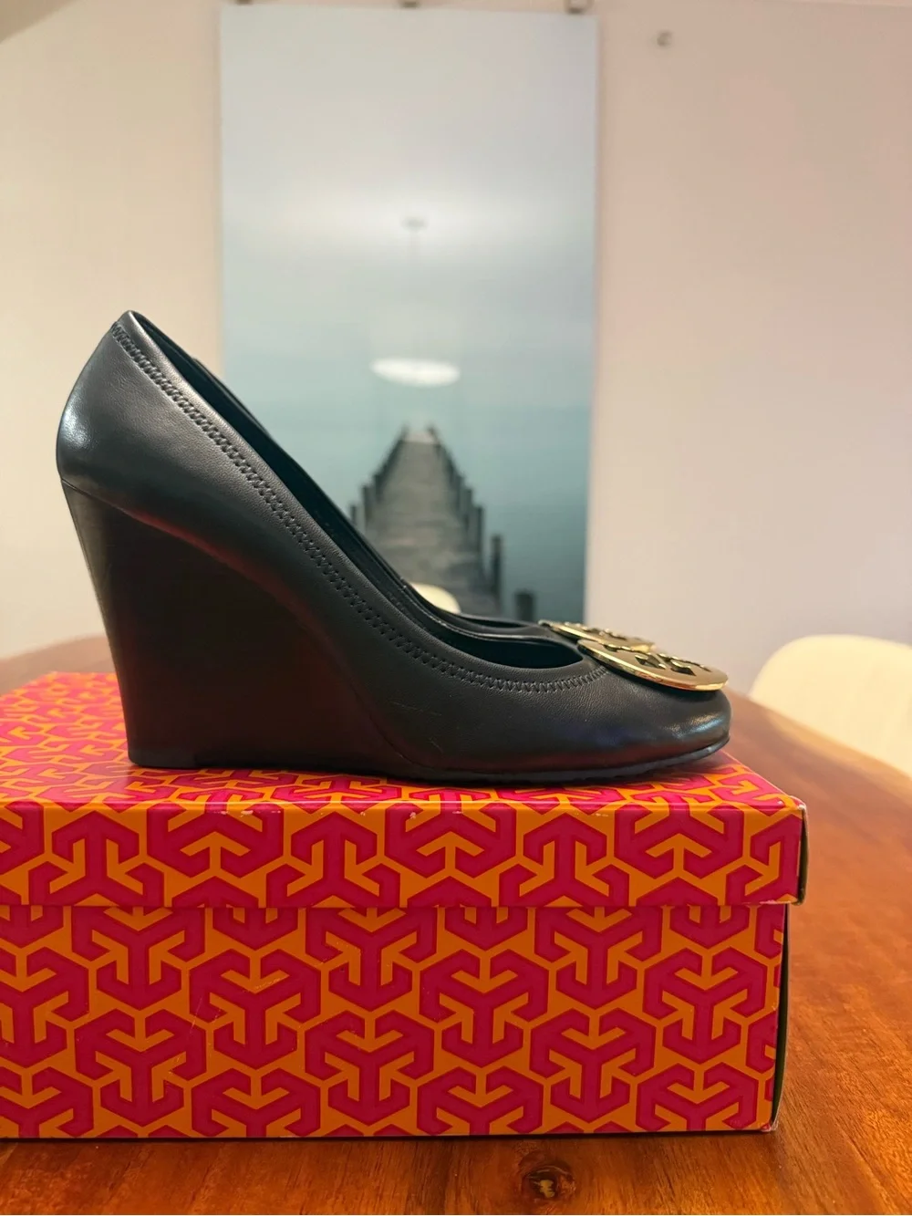 Tory Burch Black Leather Pumps with Gold Logo Medallion